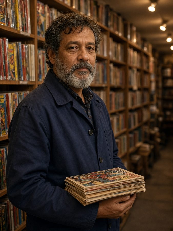 Dealer standing in the gallery aisle with a stack of issues