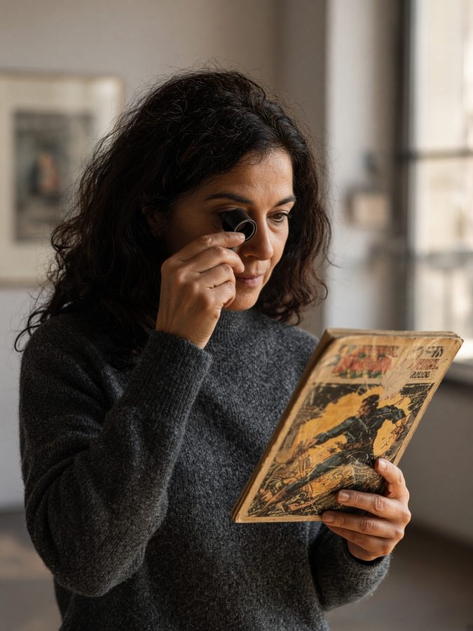 Specialist examining a vintage comic with a jeweller’s loupe