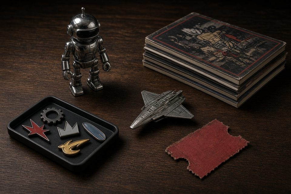 Still life of robot toy, enamel pins and comics