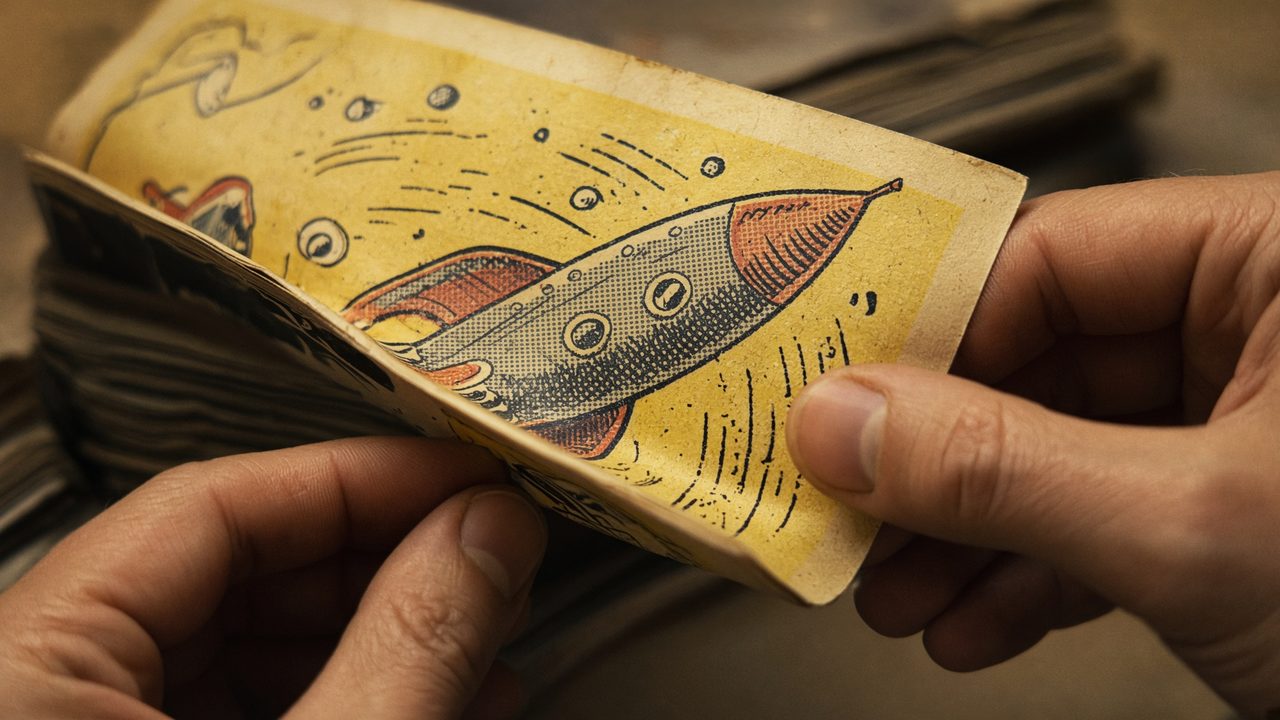 Hands turning a yellowed comic-book page