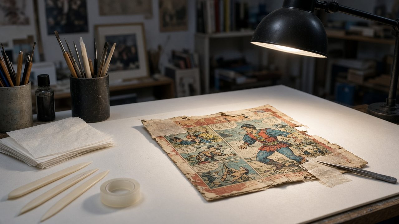 Conservation workbench with a vintage comic under repair