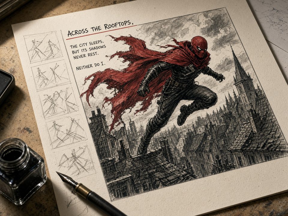 Original inked splash page on an illustrator’s table