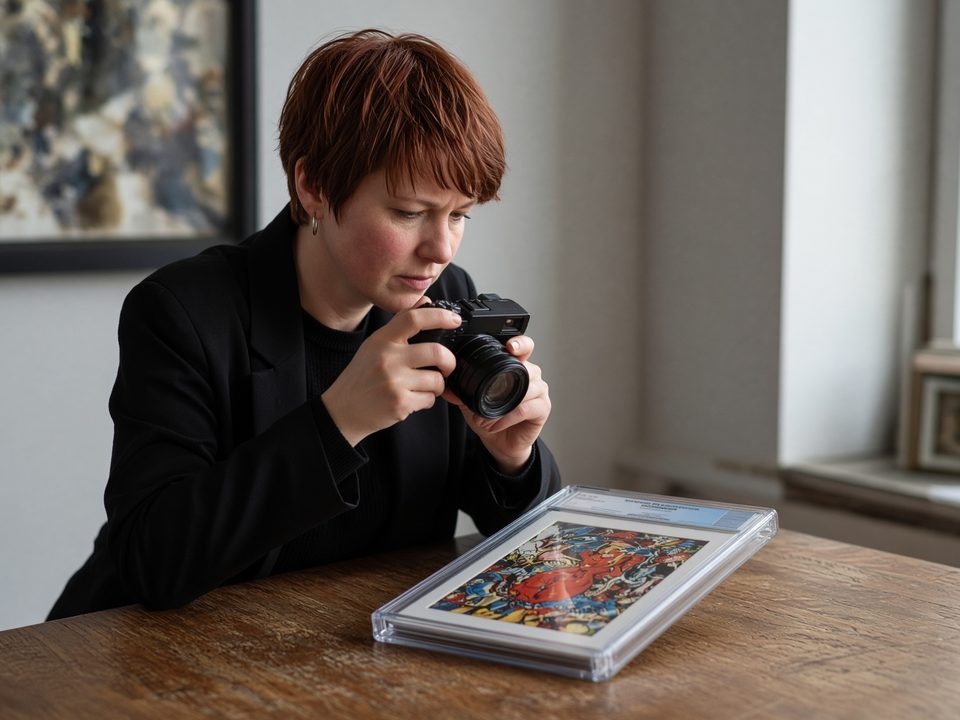Conservator photographing a slabbed comic