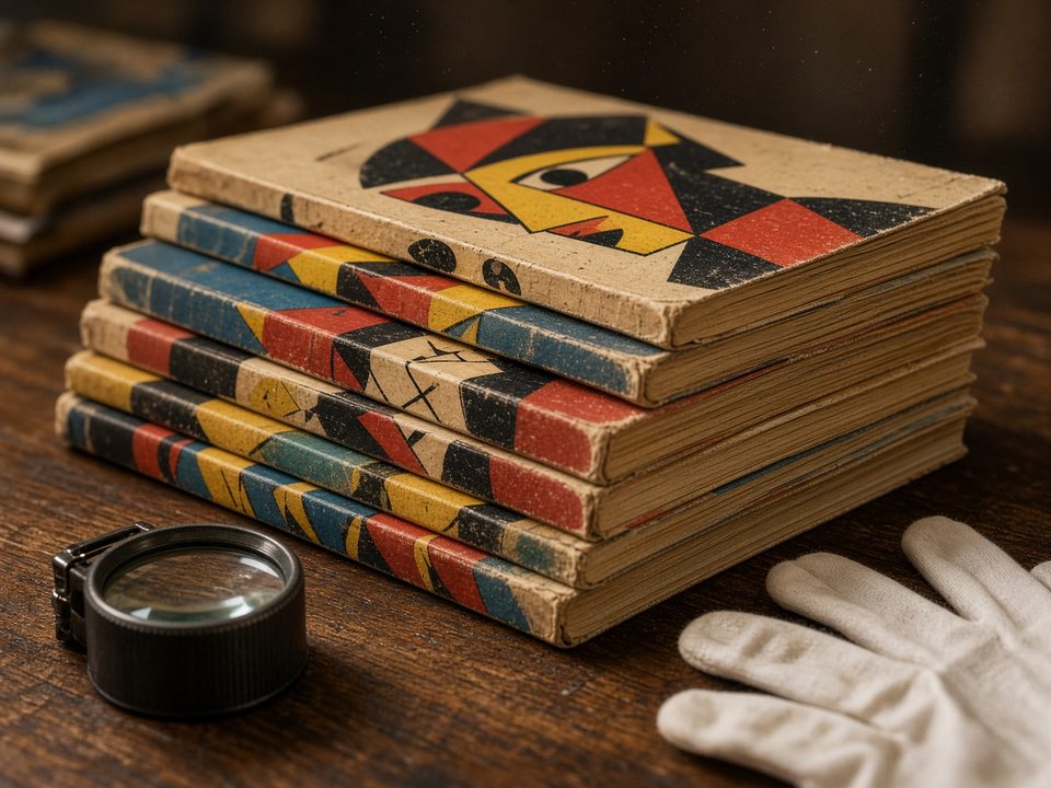Stack of vintage comic books with a collector’s loupe