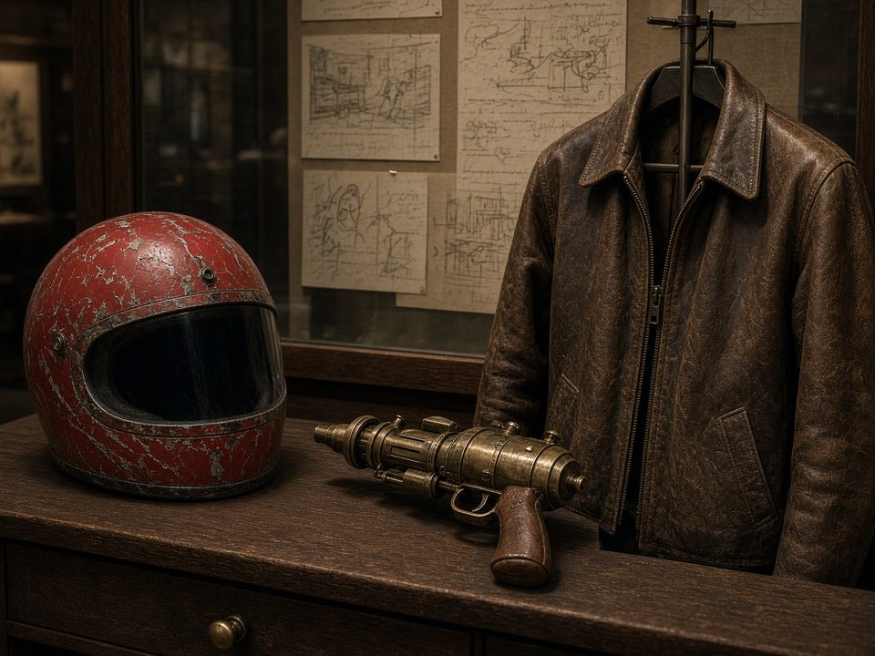 Cabinet of film-adjacent collectibles including helmet and ray gun