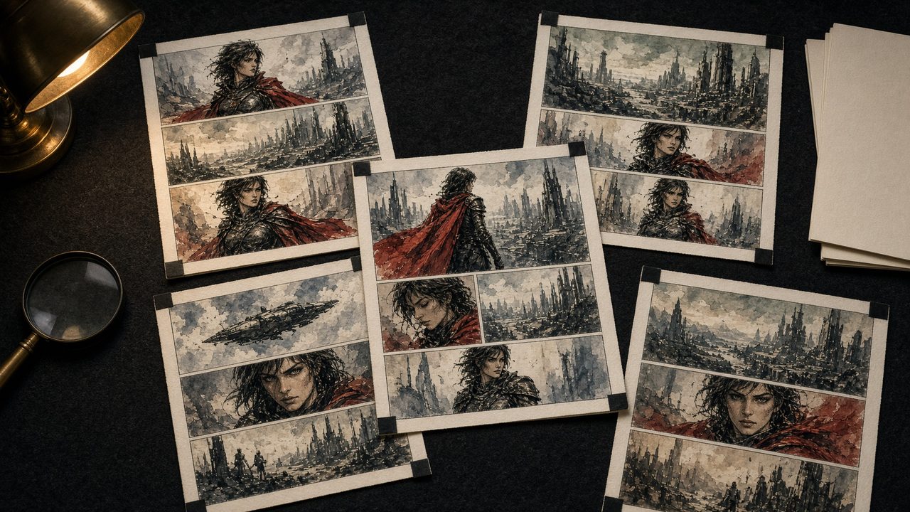 Original sequential art pages on a black felt viewing table