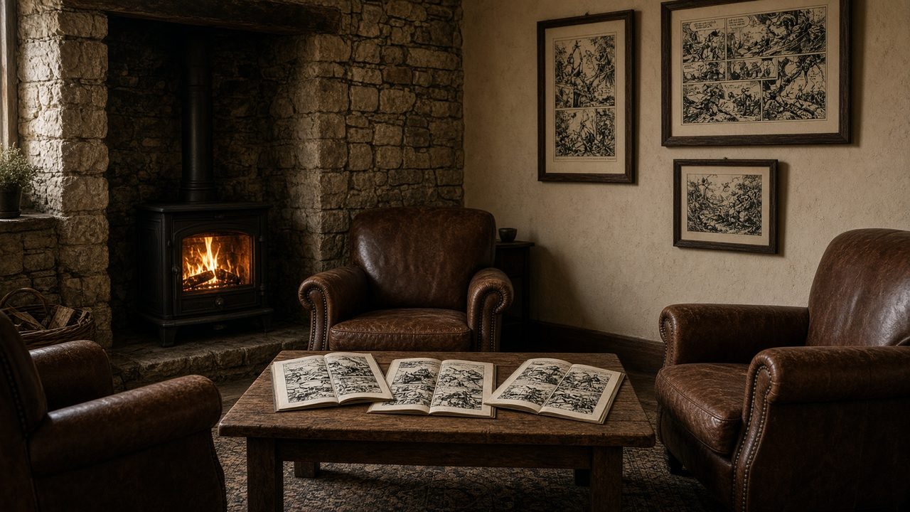 Private viewing room with leather chairs and opened comics