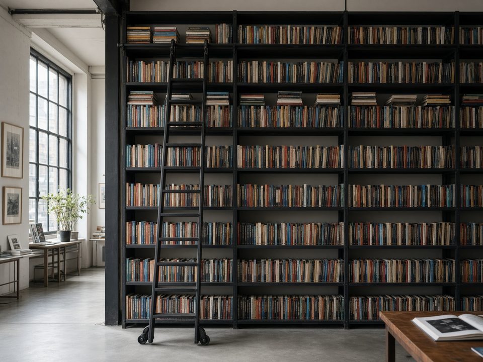 Library wall of graphic novels on black metal shelves