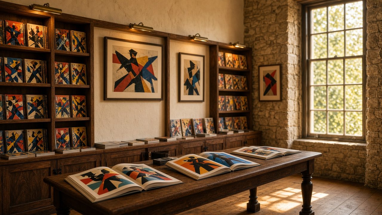 Walnut shelves of vintage comics in the East Layton gallery