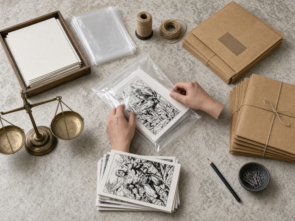 Archival packing station with mylar bags and kraft mailers