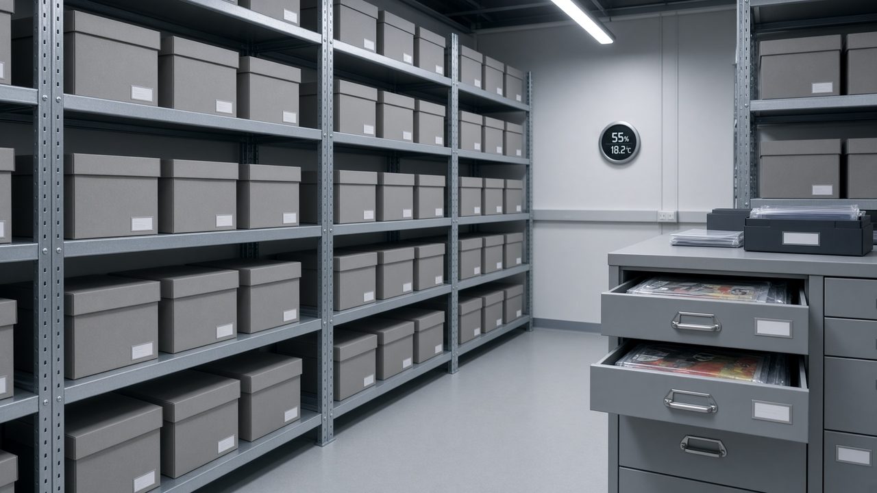 Climate-controlled archive room with boxed comics